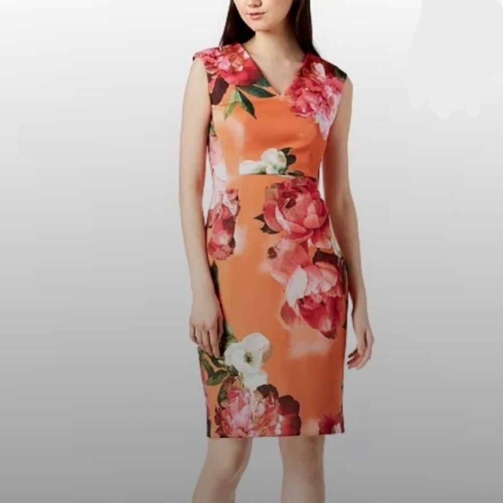 Calvin Klein Orange Floral Scuba Knit Sleeveless Cocktail Dress Size 4